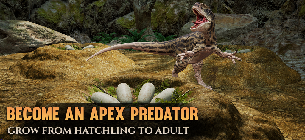 Path of Titans - A dinosaur standing over a nest of eggs with text about growing from hatchling to adult