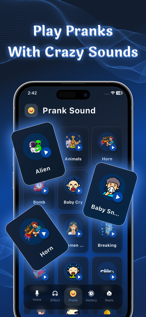 A screenshot of the Voice Changer app showing a library of prank sound effects including alien, horn, and animals.