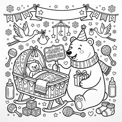 Dive into the heartwarming world of a polar bear baby shower! This delightful coloring page is filled with charming nursery details, from storks delivering bundles of joy to a cozy cradle, all ready for your creative touch.