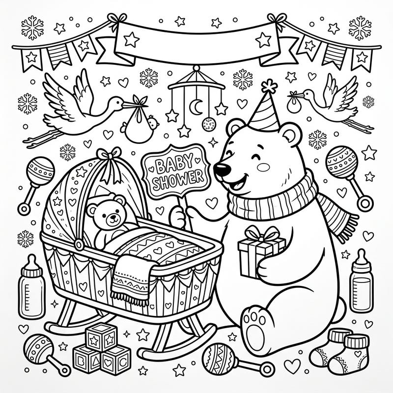 Dive into the heartwarming world of a polar bear baby shower! This delightful coloring page is filled with charming nursery details, from storks delivering bundles of joy to a cozy cradle, all ready for your creative touch.