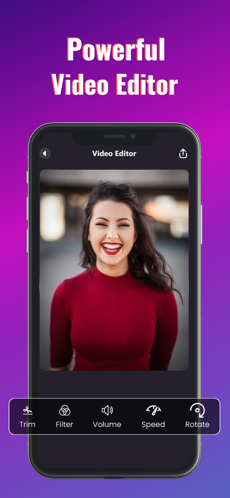 TikPro : Save Tik Videos - Screenshot of the TikPro video editor interface featuring tools for trimming filtering and adjusting video speed