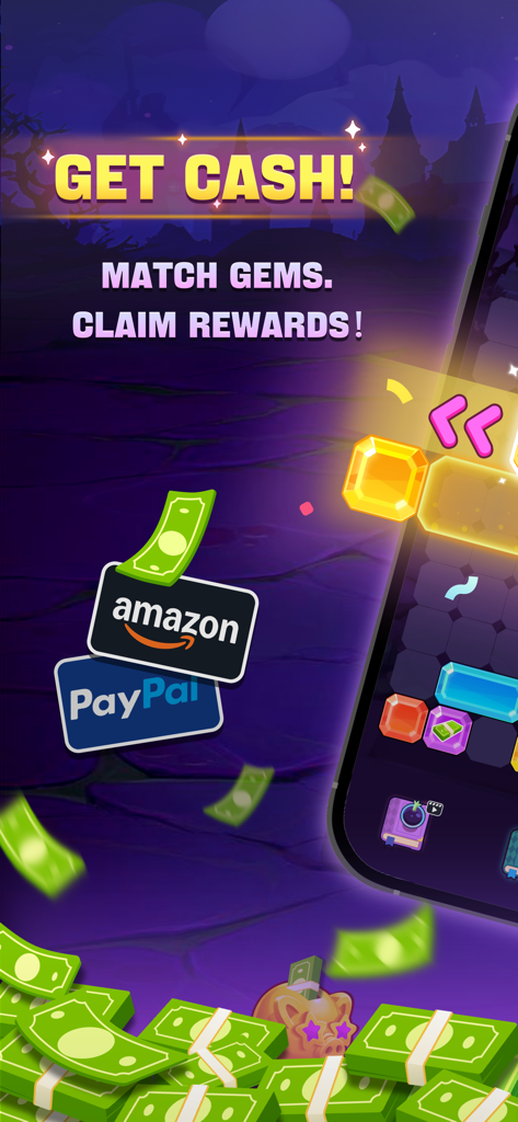 Gameplay screenshot of Magical Gems showing gem matching puzzle and cash reward logos for Amazon and PayPal.