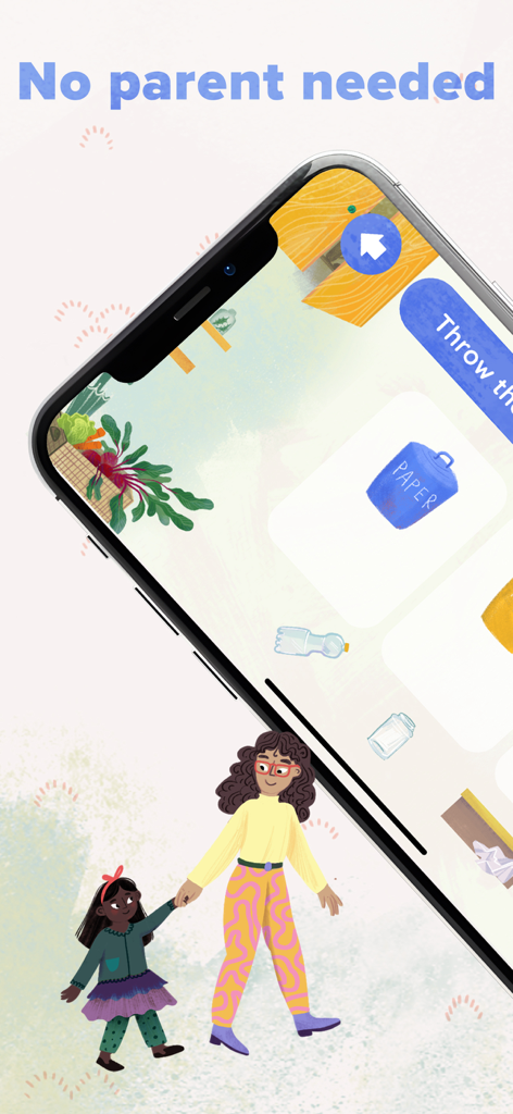 Smart Kiddo Montessori Kids 3+ - A smartphone displaying a recycling sorting game for kids with the text No parent needed and a hand drawn illustration of a mother and child
