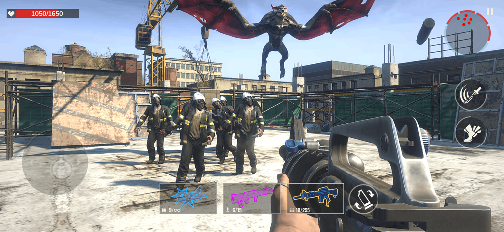 First person shooter gameplay in Zombie State showing a player aiming a gun at a group of zombies and a flying boss monster