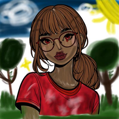 realistic girl with freckles and clear glasses