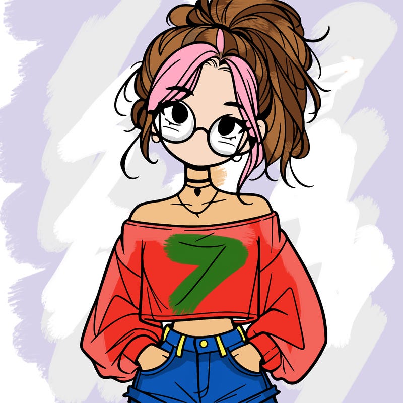 girl with a messy ponytail glasses a baggy crop top and jean shorts