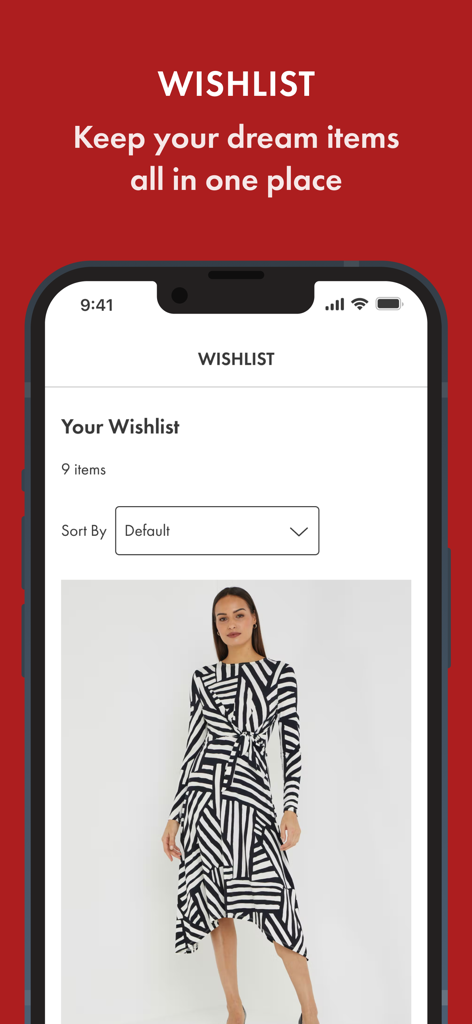Matalan - Online Shopping - Matalan app wishlist screen displaying a saved black and white patterned dress