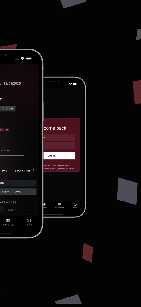 THINKCRM FITNESS - Schermata di accesso e interfaccia di prenotazione sessioni dell'app mobile ThinkCRM Fitness