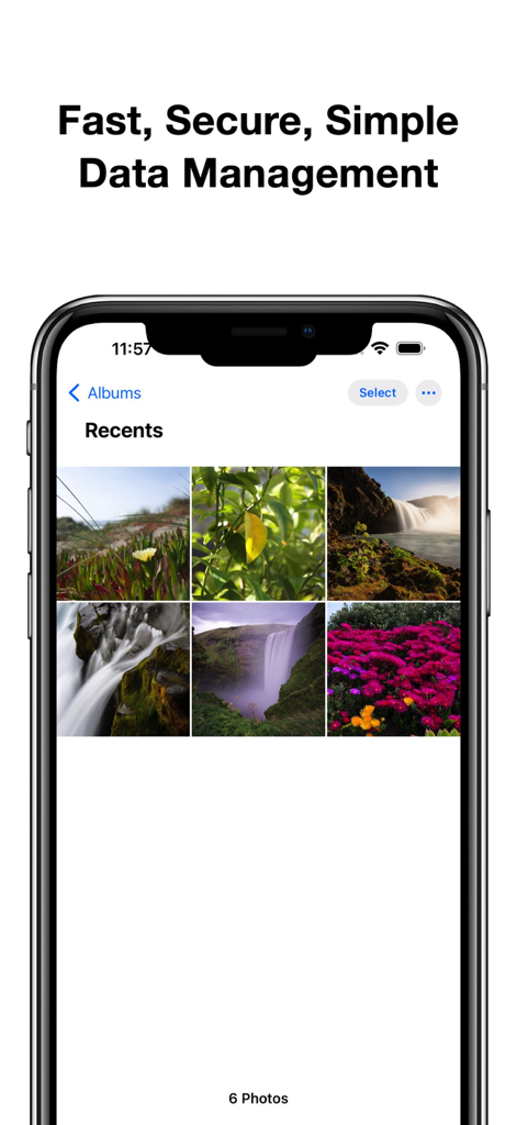 Copy My Data - Pantalla de iPhone que muestra una galería de fotos con imágenes de la naturaleza bajo un encabezado de gestión de datos rápida y segura