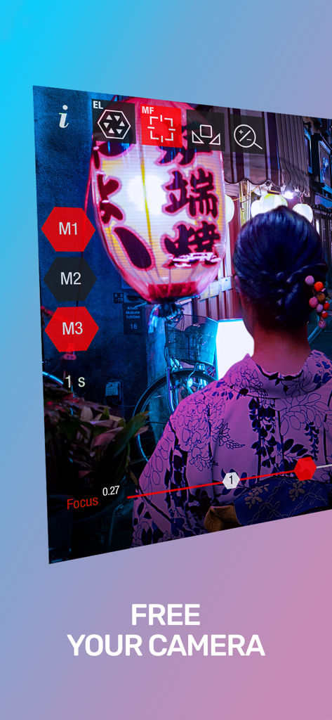 Guerrilla Filmmaker: Camera - Pro camera app interface showing manual focus and exposure controls with a cinematic night scene