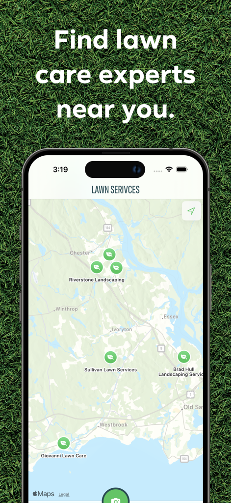 Uma interface de mapa móvel mostrando serviços locais de jardinagem e especialistas em paisagismo próximos à localização do usuário.