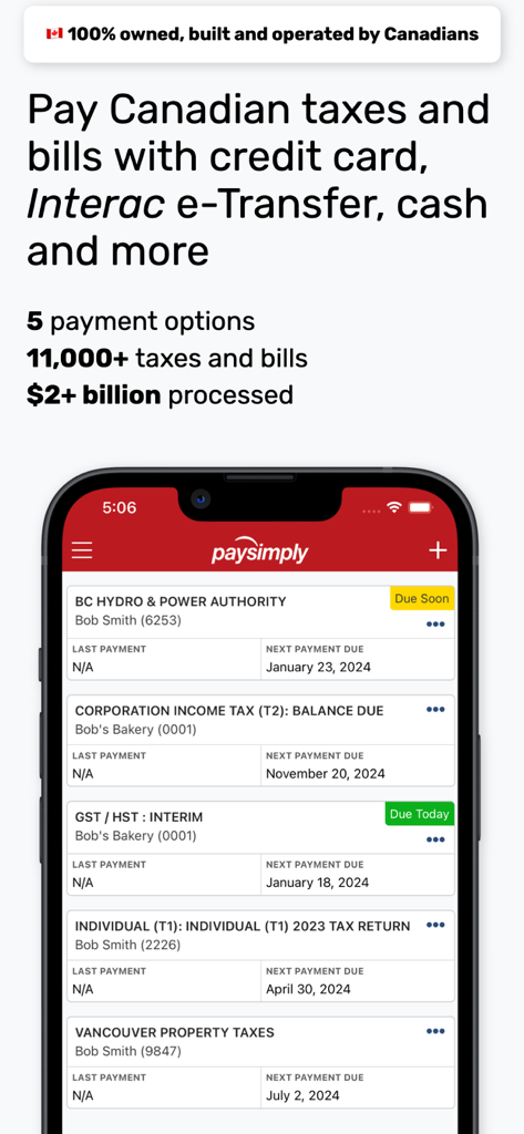 PaySimply app interface showing various Canadian tax and utility bills ready for payment