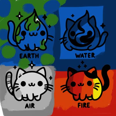4 cats that represent the different elements, earth, water, air, and fire