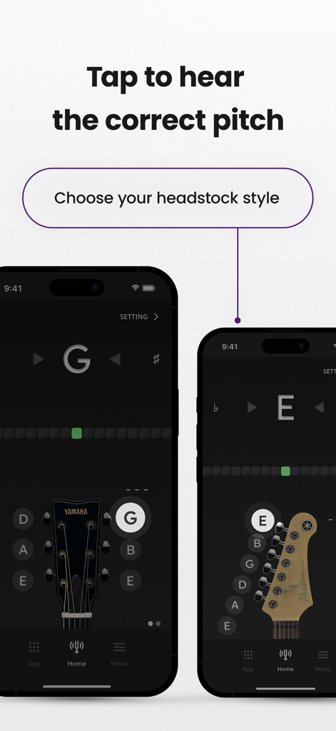 Yamaha guitar tuner app interface showing options to choose between different guitar headstock styles for tuning