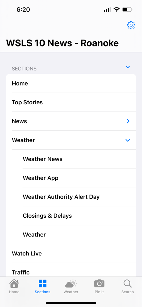 WSLS 10 News - Roanoke - Navigation menu for the WSLS 10 News Roanoke app showing sections like weather and traffic