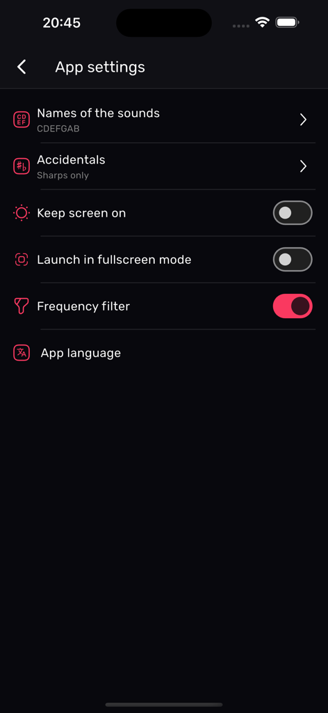 App settings menu for Viola Tuner XTuner PRO showing options for sound names accidentals and frequency filter