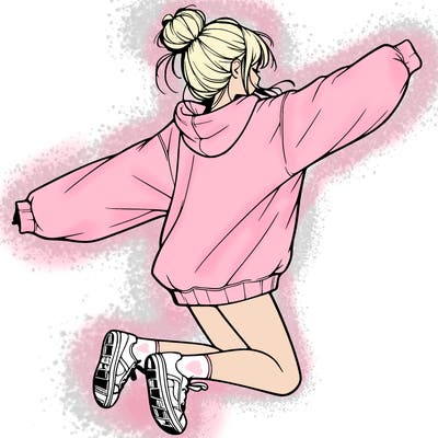 realistic girl jumping with a bun and oversized sweatshirt
