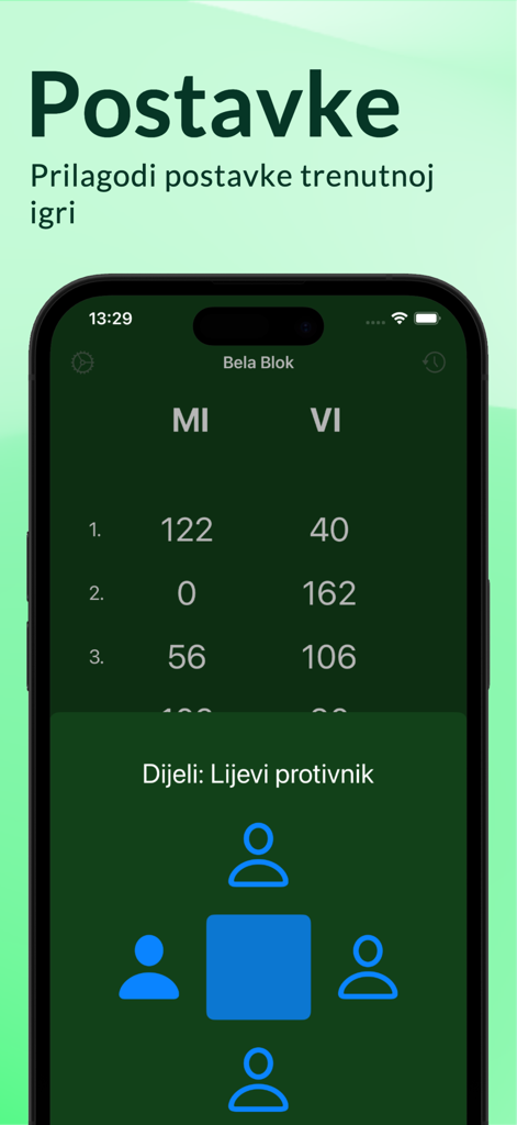 Bela Blok - Bela Blok app interface with dealer indicator and scores for Belot card game