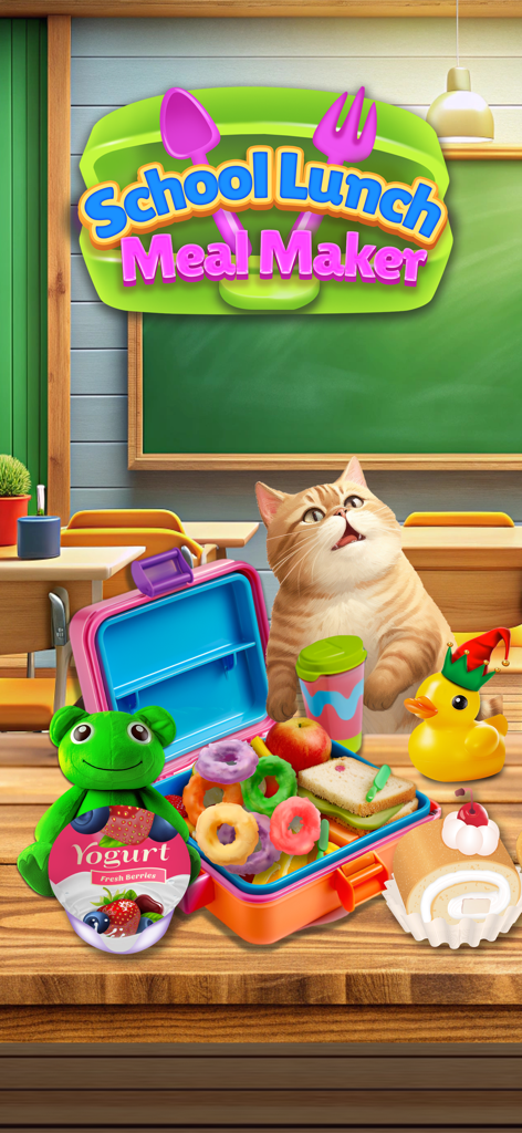 School Lunch Food Meal Maker - Tela de título do aplicativo School Lunch Meal Maker com uma lancheira colorida cheia de lanches e um gato em um cenário de sala de aula