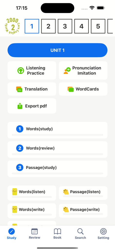 2000 Core English Words (2) - 듣기 연습, 번역 및 단어 카드를 특징으로 하는 2000 필수 영어 단어 앱의 단위 학습 대시보드