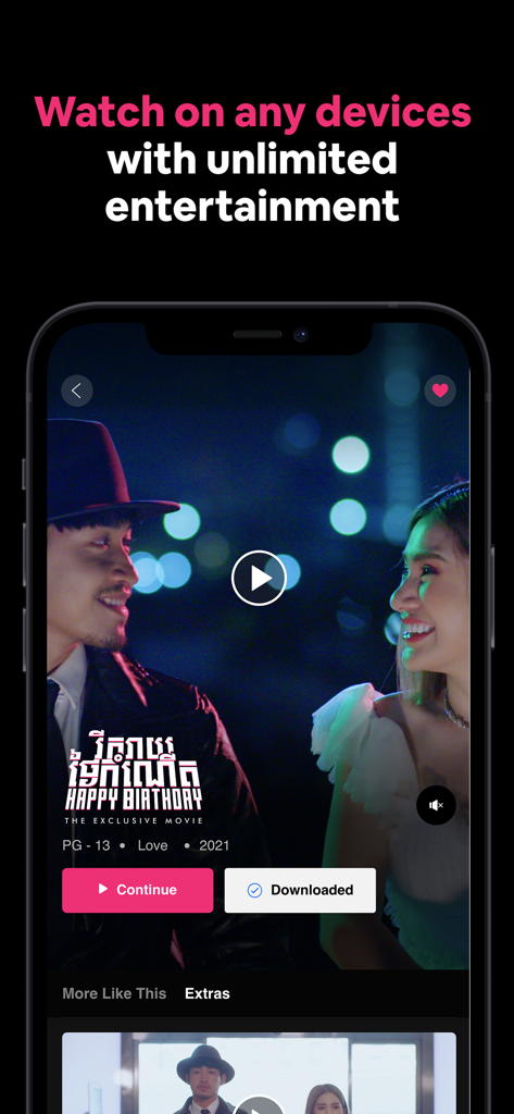 Sastra Film app interface on a smartphone showing a Khmer movie titled Happy Birthday with playback and download options