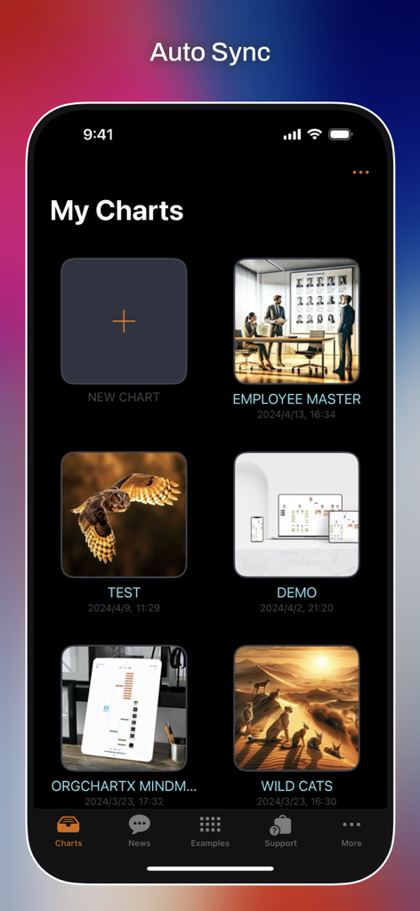 Panel de la aplicación OrgChartX en iPhone mostrando una colección de organigramas guardados con función de sincronización automática.