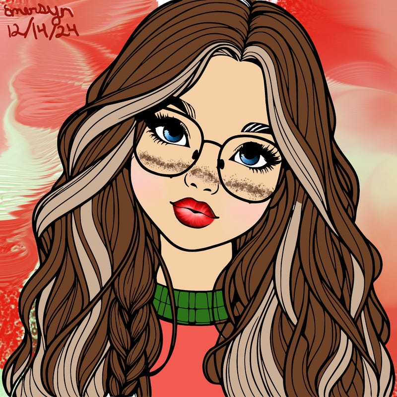 girl with long hair and freckles and glasses realistic