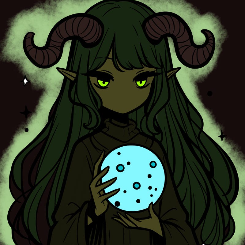 long haired girl with horns and magic orb in her hand