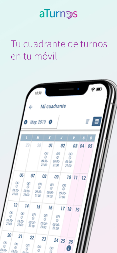 aTurnos - Mobile interface of the aTurnos app displaying a monthly work schedule calendar.