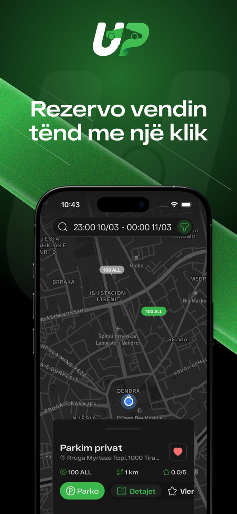 LookUp Parking - Interface do aplicativo móvel LookUp Parking mostrando um mapa com vagas de estacionamento disponíveis e um cartão de reserva em albanês