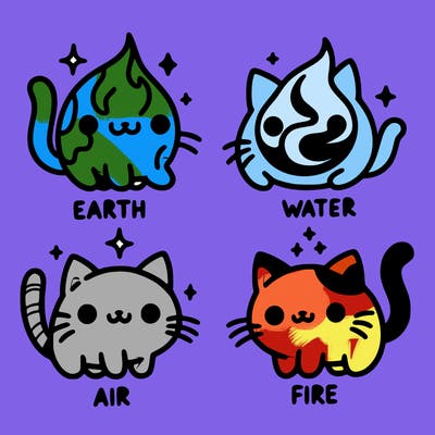4 cats that represent the different elements, earth, water, air, and fire