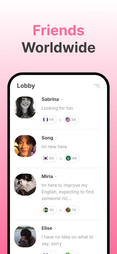TalkClub app lobby showing profiles of potential language exchange partners worldwide