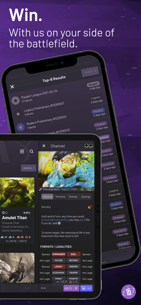 TopDecked MTG - TopDecked MTG app displaying tournament results and card legality on mobile devices