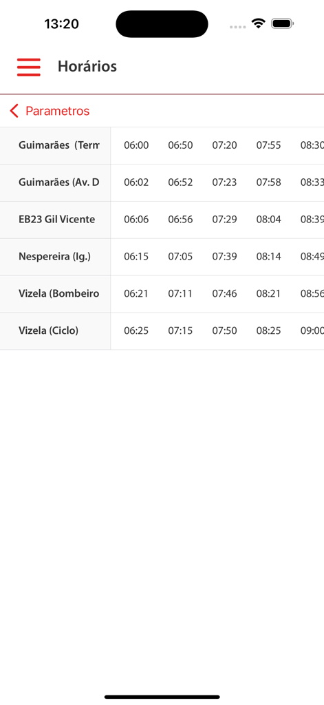 A bus schedule table in the Ave Mobilidade app displaying arrival and departure times for locations like Guimaraes and Vizela.