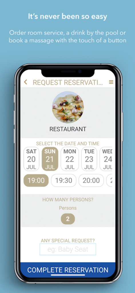 Exclusivi - Mobile phone screen showing the Exclusivi app restaurant reservation interface for a luxury hotel stay.