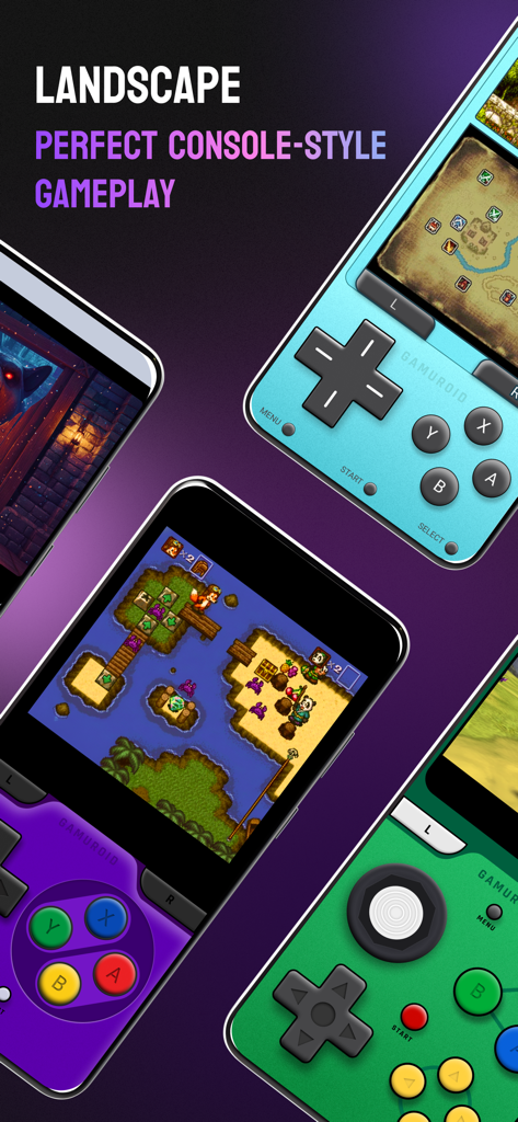 Multiple smartphones displaying retro games with virtual console controllers in landscape mode
