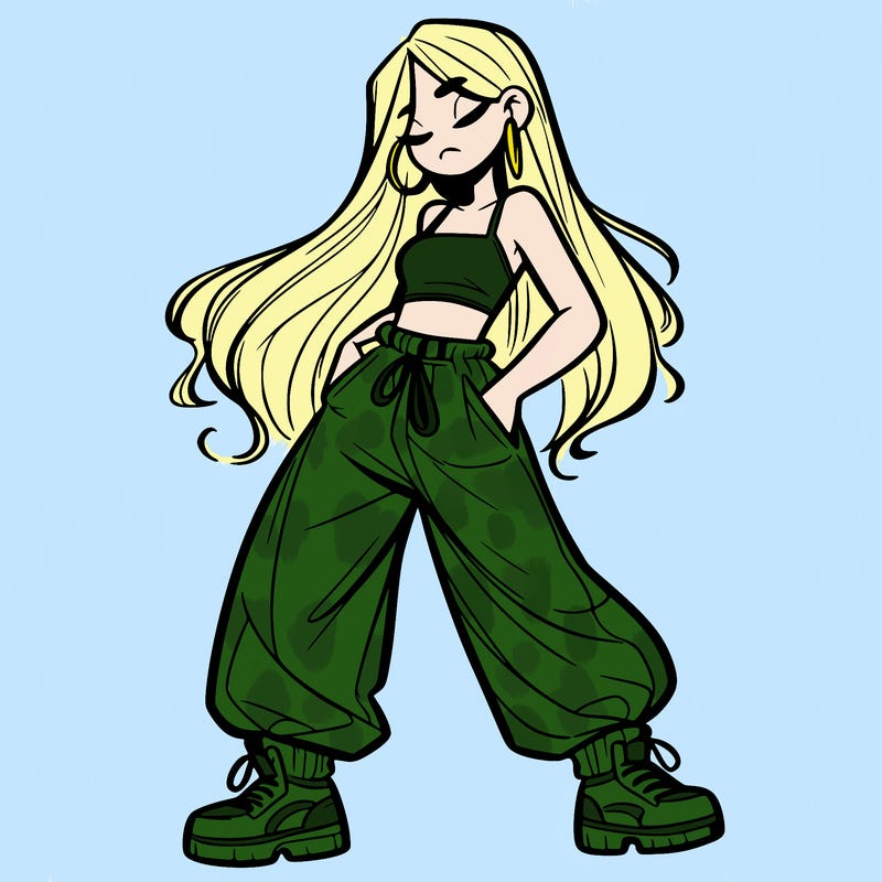 girl in baggy pants crop top and long hair