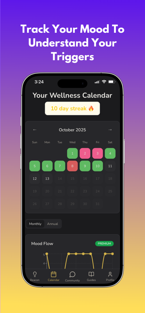 Beacon: Postpartum Support - A wellness calendar in the Beacon app showing daily mood tracking entries and a ten day streak for postpartum mental health