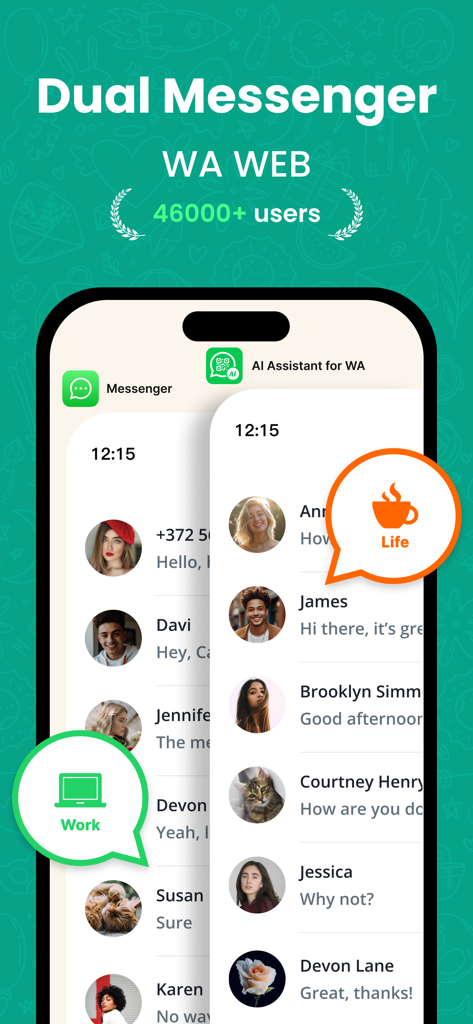 Écran de smartphone montrant l'interface du double messager de l'application WAAI avec des profils de chat séparés pour le travail et la vie privée.