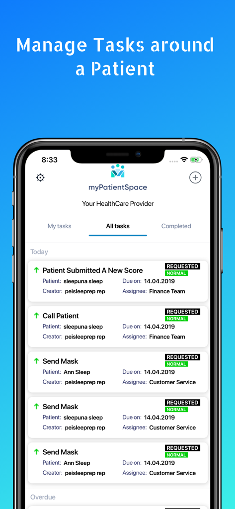 A clinical task management screen in the myPatientSpace app showing a list of patient-related duties like calling patients and sending medical equipment.