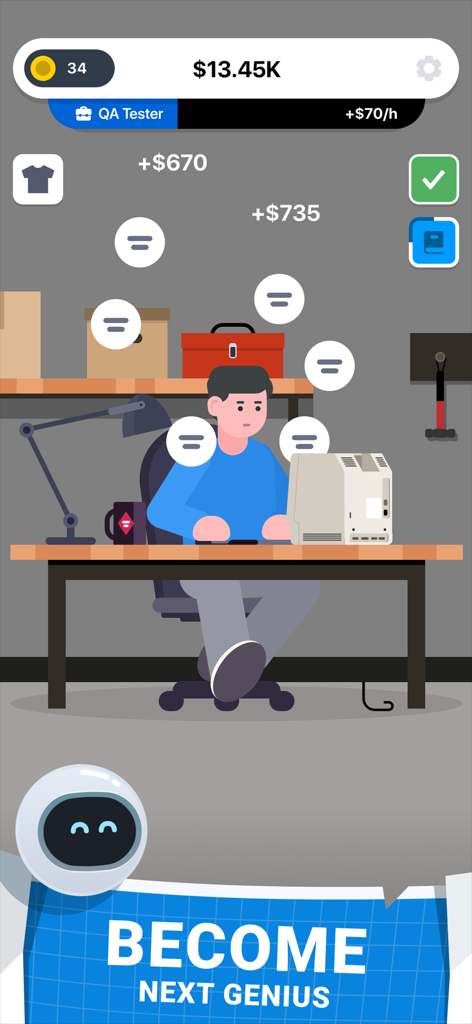 Cyber Dude: Dev Tycoon - Cyber Dude Dev Tycoon gameplay showing a character working as a QA tester at a desk