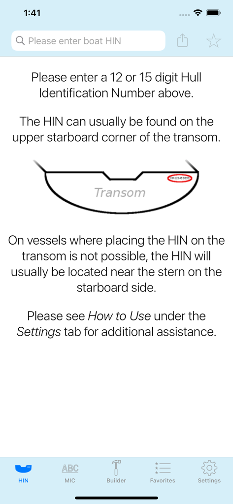 HIN Search - Boat HIN Decoder - App screen showing where to find a boat Hull Identification Number on a transom diagram