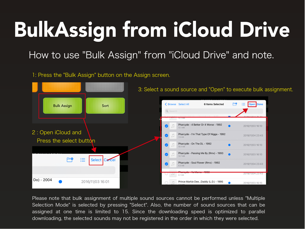 Anleitung für die Stapelzuweisung von Audioquellen aus iCloud Drive in SoundPad Pro Max.