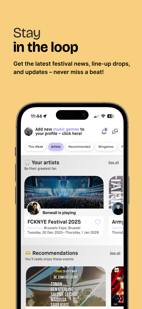 Appic - Festivals & More - A mobile screen showing the Appic app interface with personalized festival news and artist recommendations.