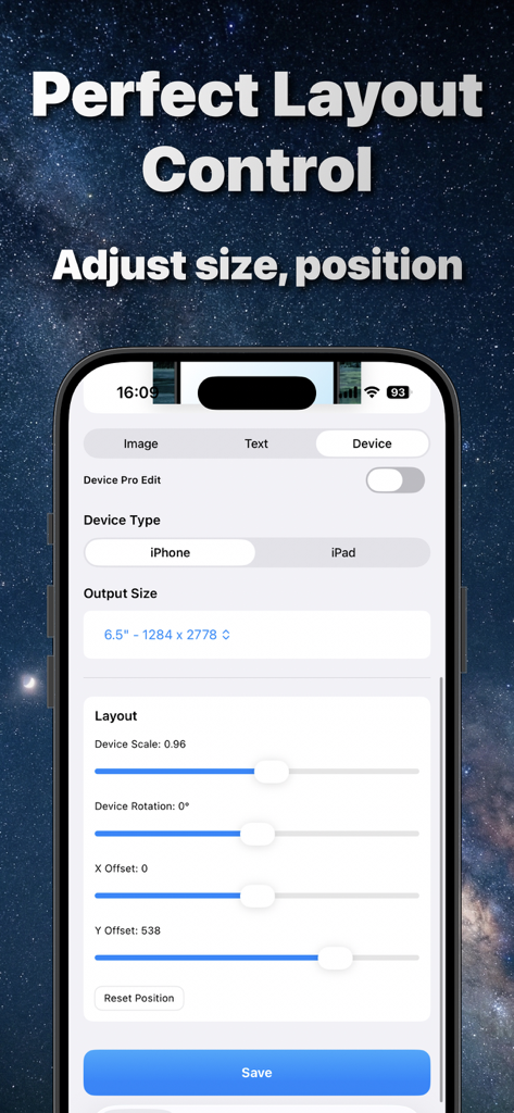 Screenshot Maker - Mockup Pro - Interface of the Screenshot Maker app showing controls to adjust device scale and position against a starry background