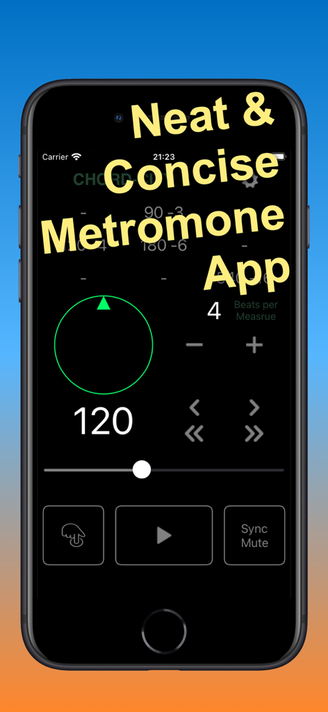 Interfaz de la aplicación CC Metronome que muestra la configuración de tempo y un anillo de pulso verde en un iPhone