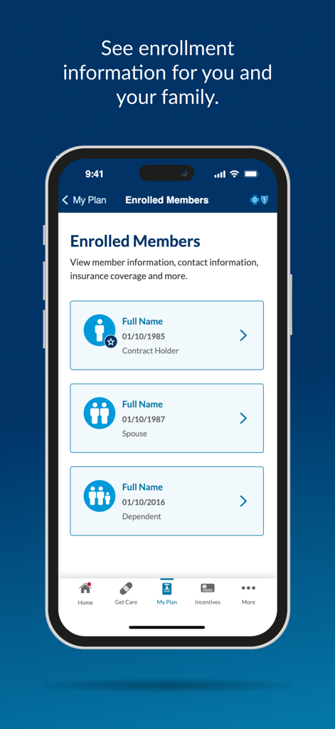 fepblue - Smartphone screen displaying the enrolled members list including contract holder spouse and dependents within the fepblue app