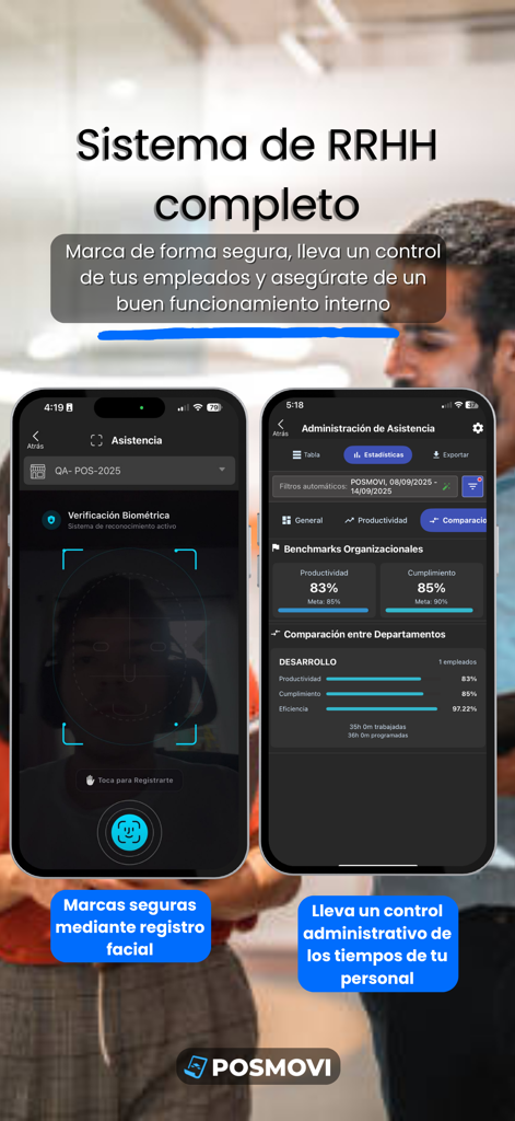 POSMOVI - POSMOVI app HR system showing biometric facial recognition for staff clock-in and organizational productivity dashboard in Spanish