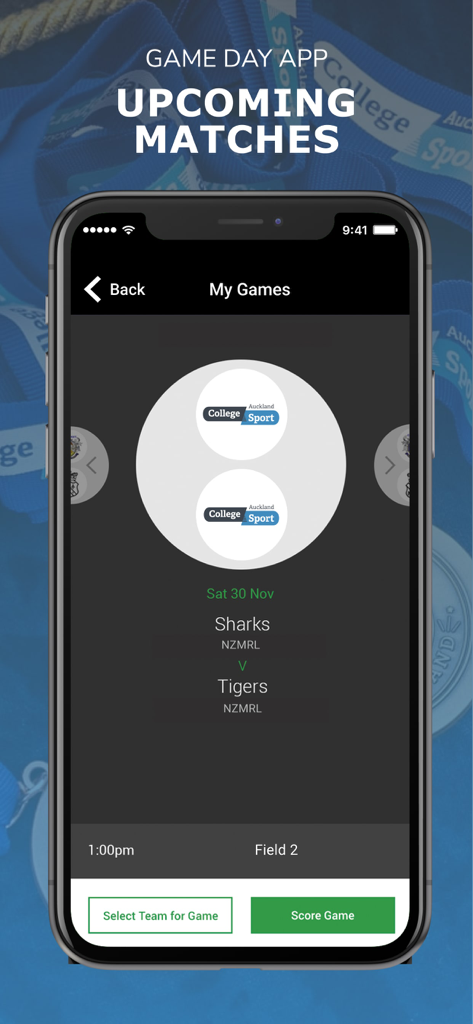 College Sport Auckland - Mobile app interface showing upcoming sports matches and game schedule details