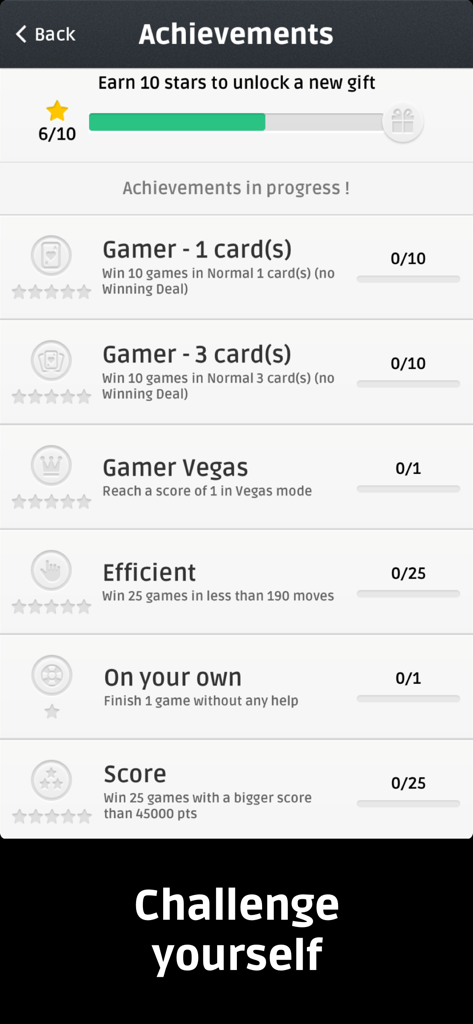 Solitaire ▪ - Classic Solitaire app achievements screen displaying various game challenges